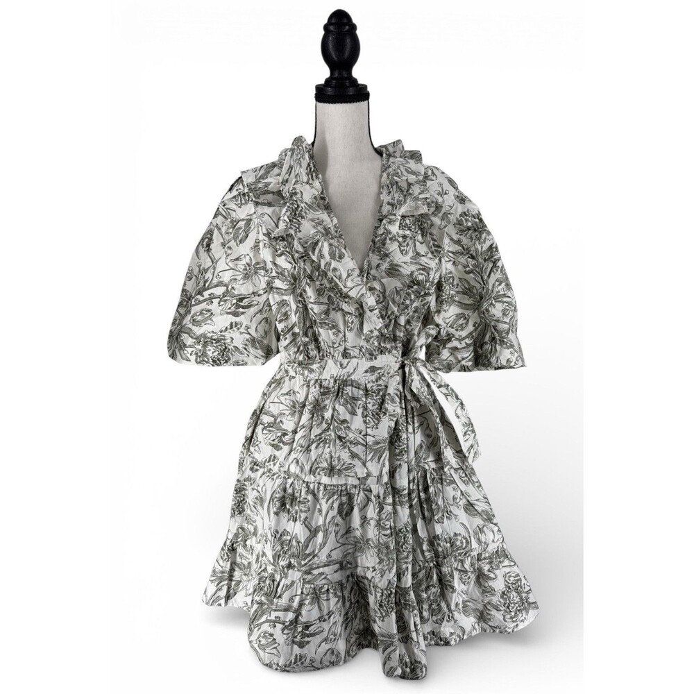 Caroline Constas NWT Ivory & Olive Floral Wrap Dress Poplin Cotton Size M